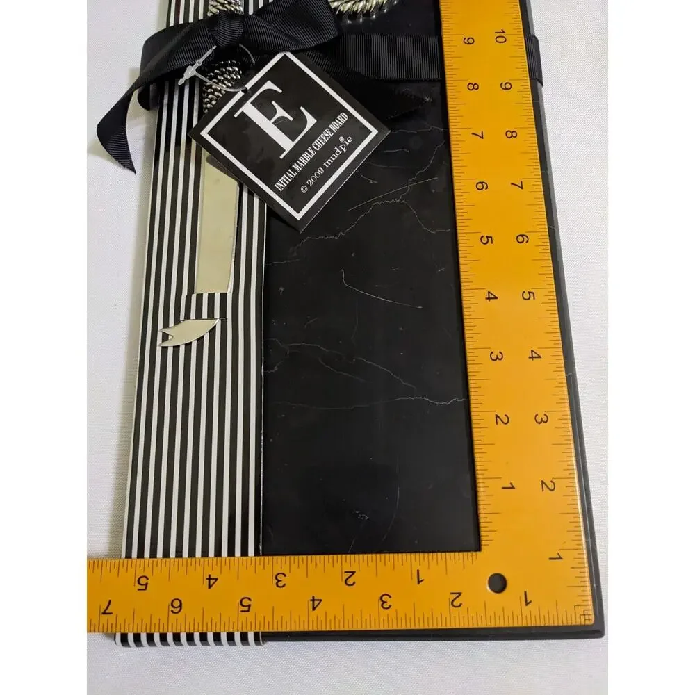 MUD PIE Black Marble Charcuterie Cheese Cutting Board Knife Initial E Medallion